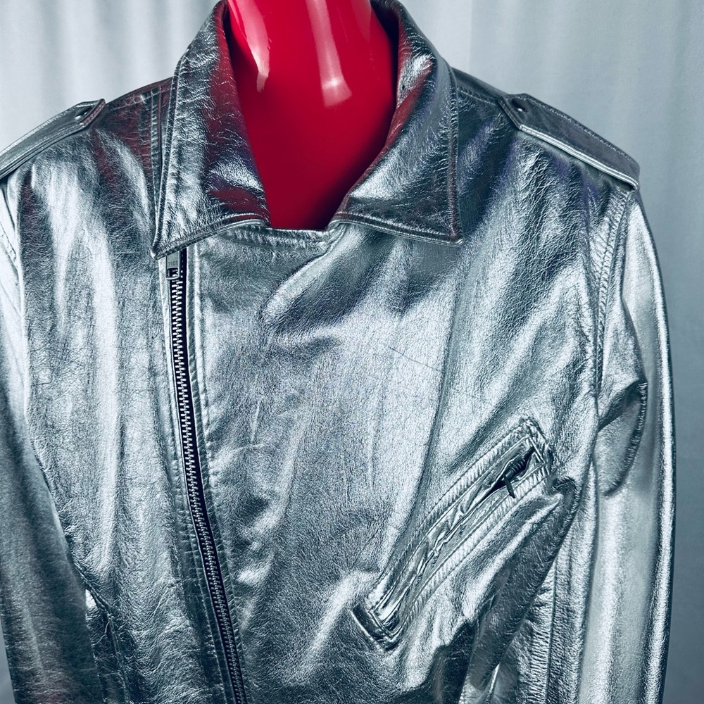 RARE Vintage LA Roxx Hollywood Metallic Silver Motorcycle Jacket - EXCELLENT! - Picture 8 of 10